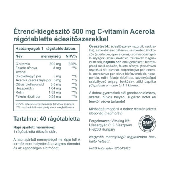 ACEROLA C-500 RÁGÓTABLETTA  EPER ÍZŰ 40DB (VITAKING)