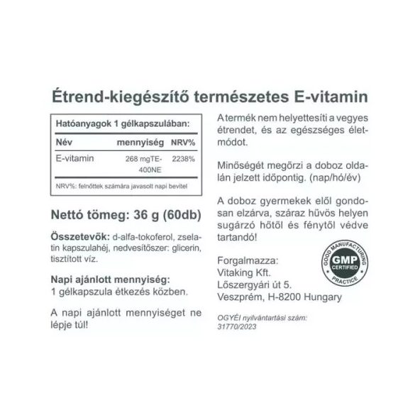 TERMÉSZETES E-VITAMIN 400NE 60 DB  (VITAKING)