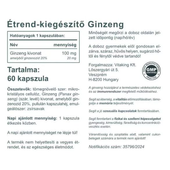 GINSENG KIVONAT 100MG 60 DB (VITAKING)