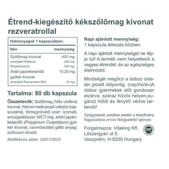 KÉKSZŐLŐMAG KAPSZULA (GRAPESEED) 400 MG (VITAKING) 80 DB