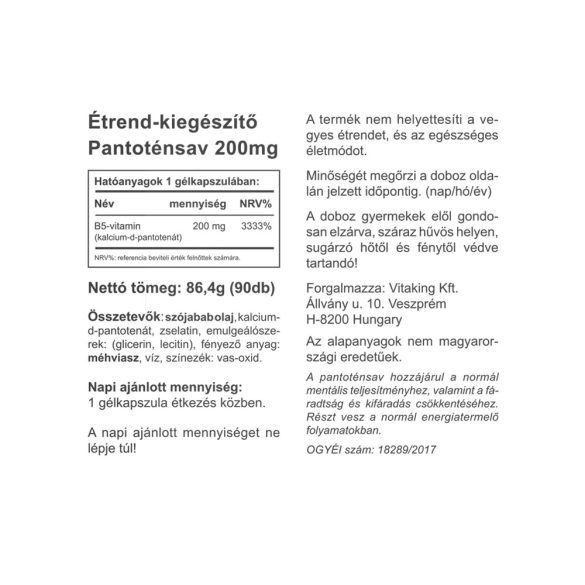 B-5 VITAMIN (PANTOTÉNSAV) 200MG 90DB (VITAKING)