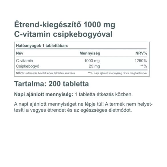 C-VITAMIN 1000MG + 25MG CSIIPKEBOGYÓ TABLETTA 200DB